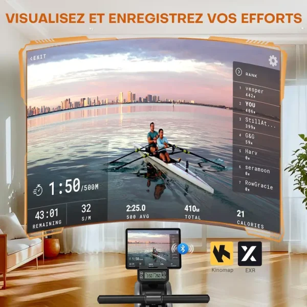 Rameur DMASUN :
Écran LCD multifonction et connectivité avec applications
