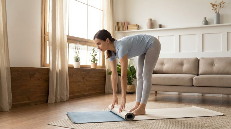 Femme en tenue de sport, roulant un tapis de yoga beige sur un tapis de jute, dans un salon lumineux avec fenêtres et canapé.