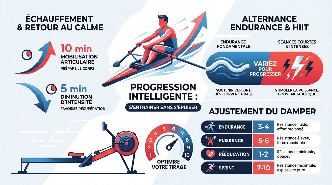 Infographie sur la progression intelligente et la technique au rameur