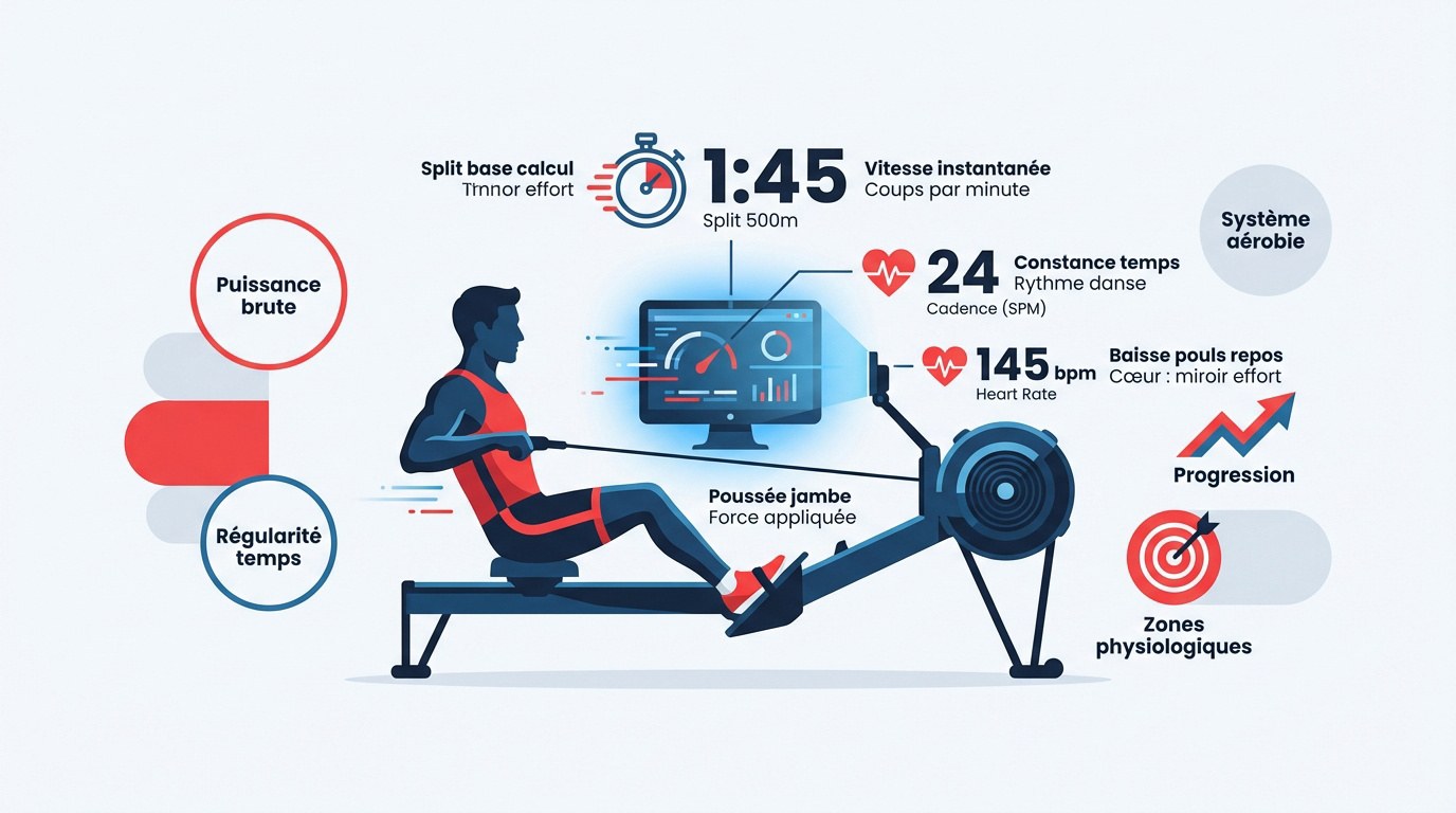 Infographie présentant les indicateurs clés du rameur : split, cadence et fréquence cardiaque pour mesurer ses progrès.