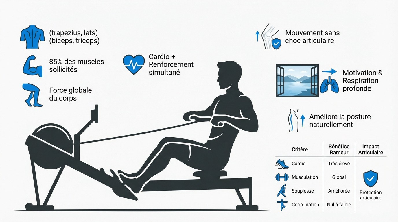 Un pratiquant de sport à la maison utilisant un rameur pour un entraînement complet du corps
