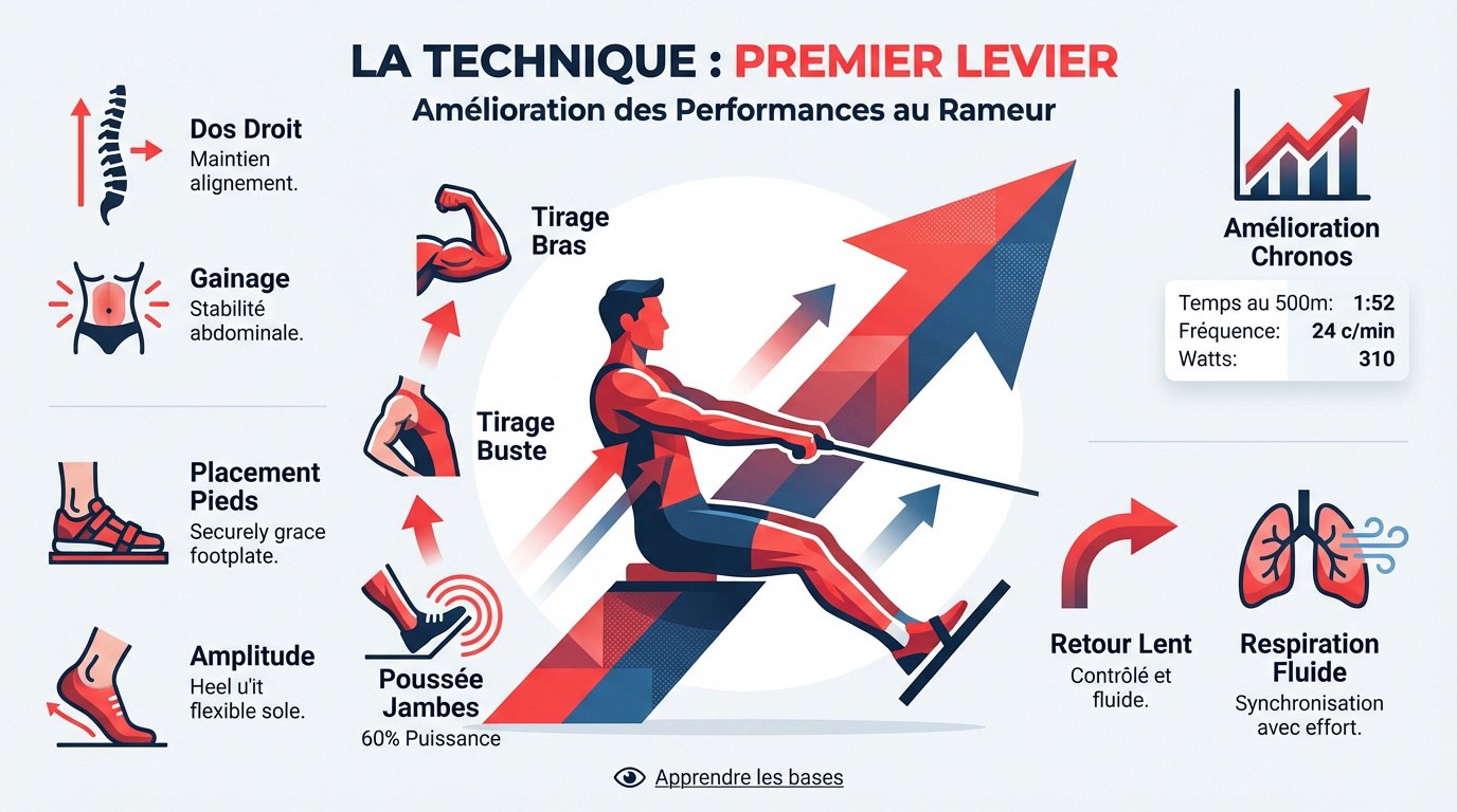 Homme pratiquant le rameur avec une technique de poussée des jambes optimale